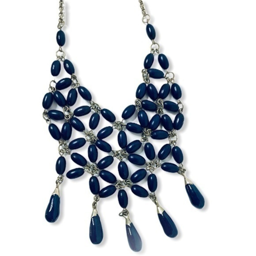 Navy Blue Bib Style Dangle Drop Necklace